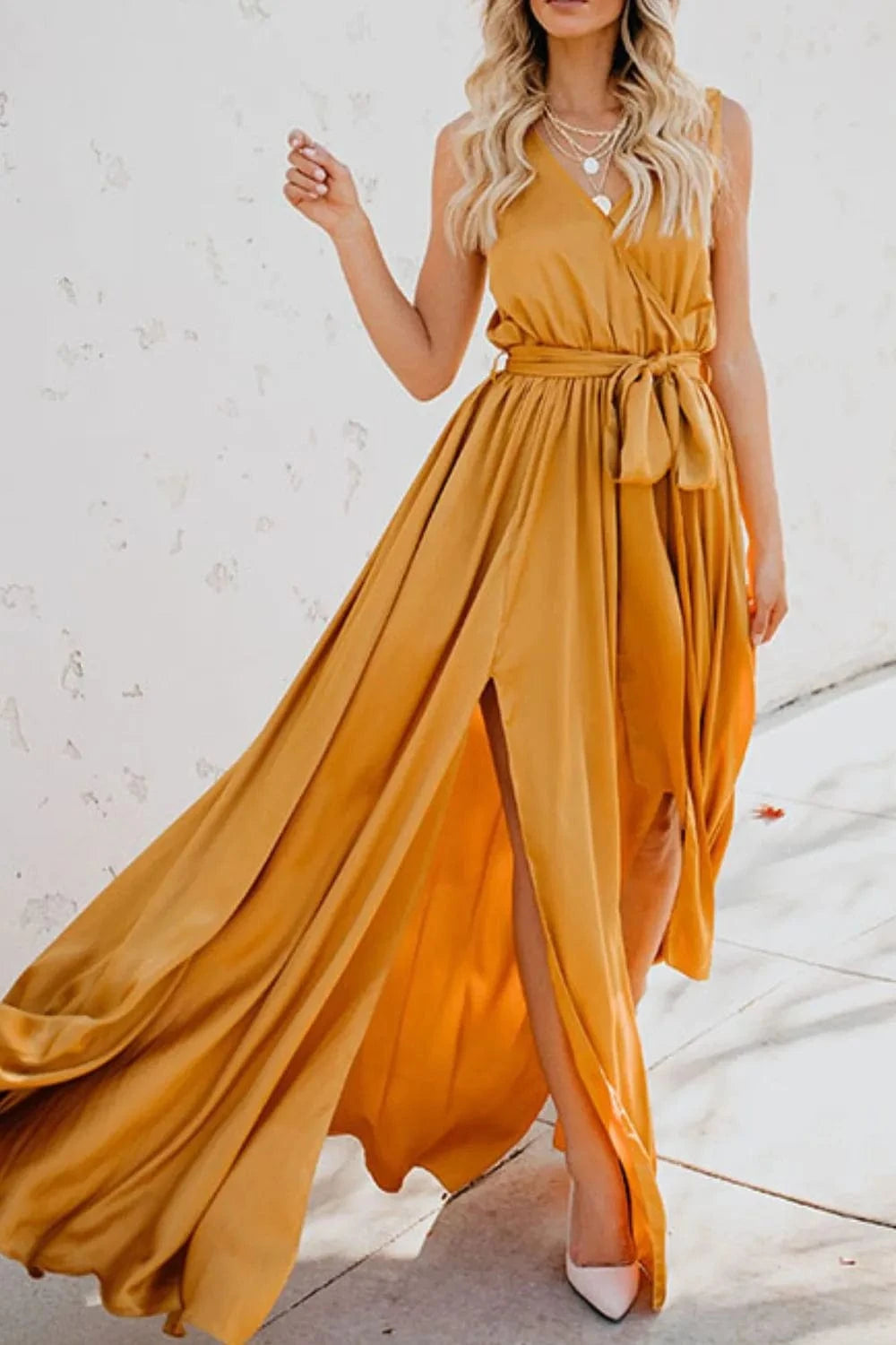 Surplice Tie Waist Maxi Dress - ShalayeFashion