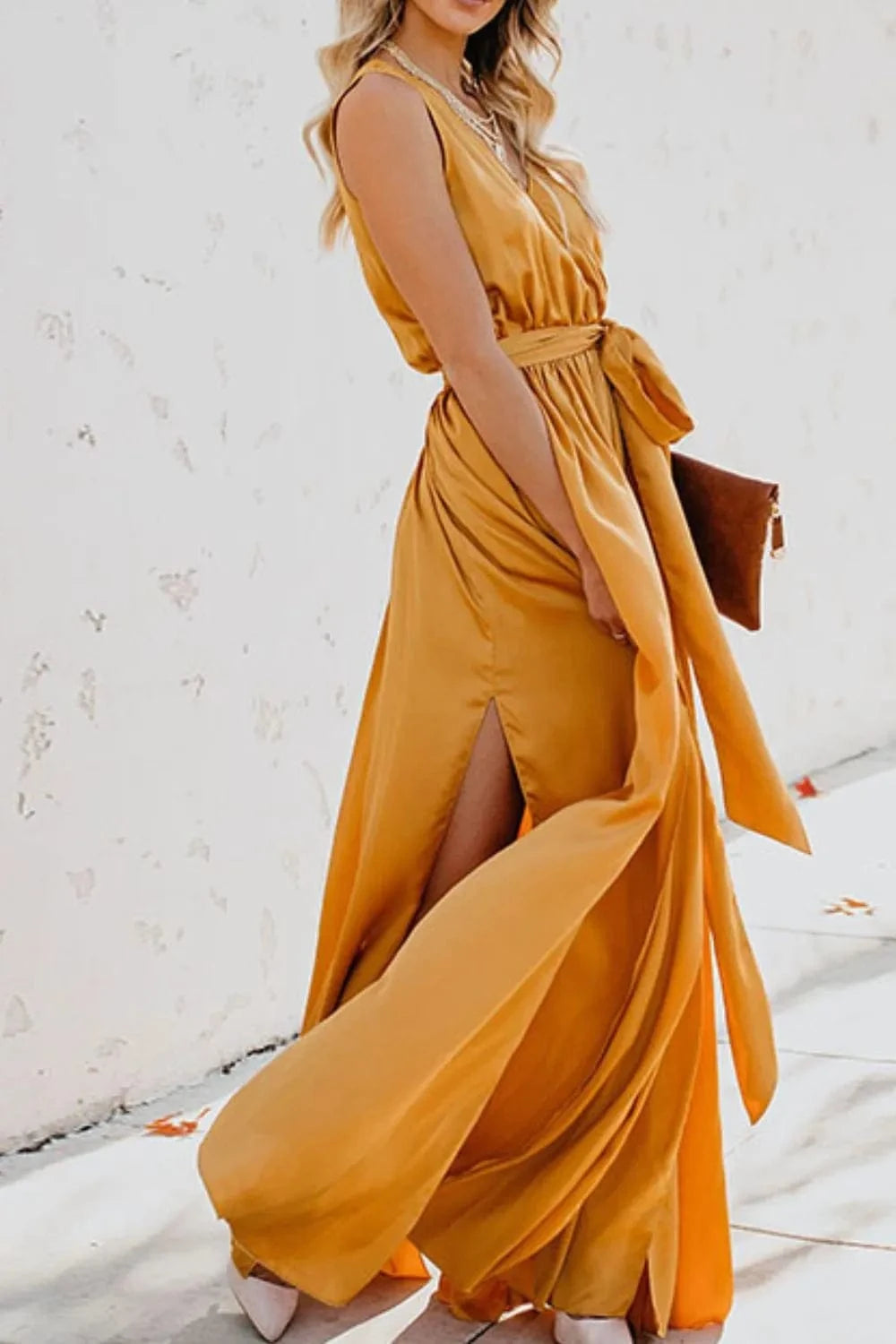 Surplice Tie Waist Maxi Dress - ShalayeFashion