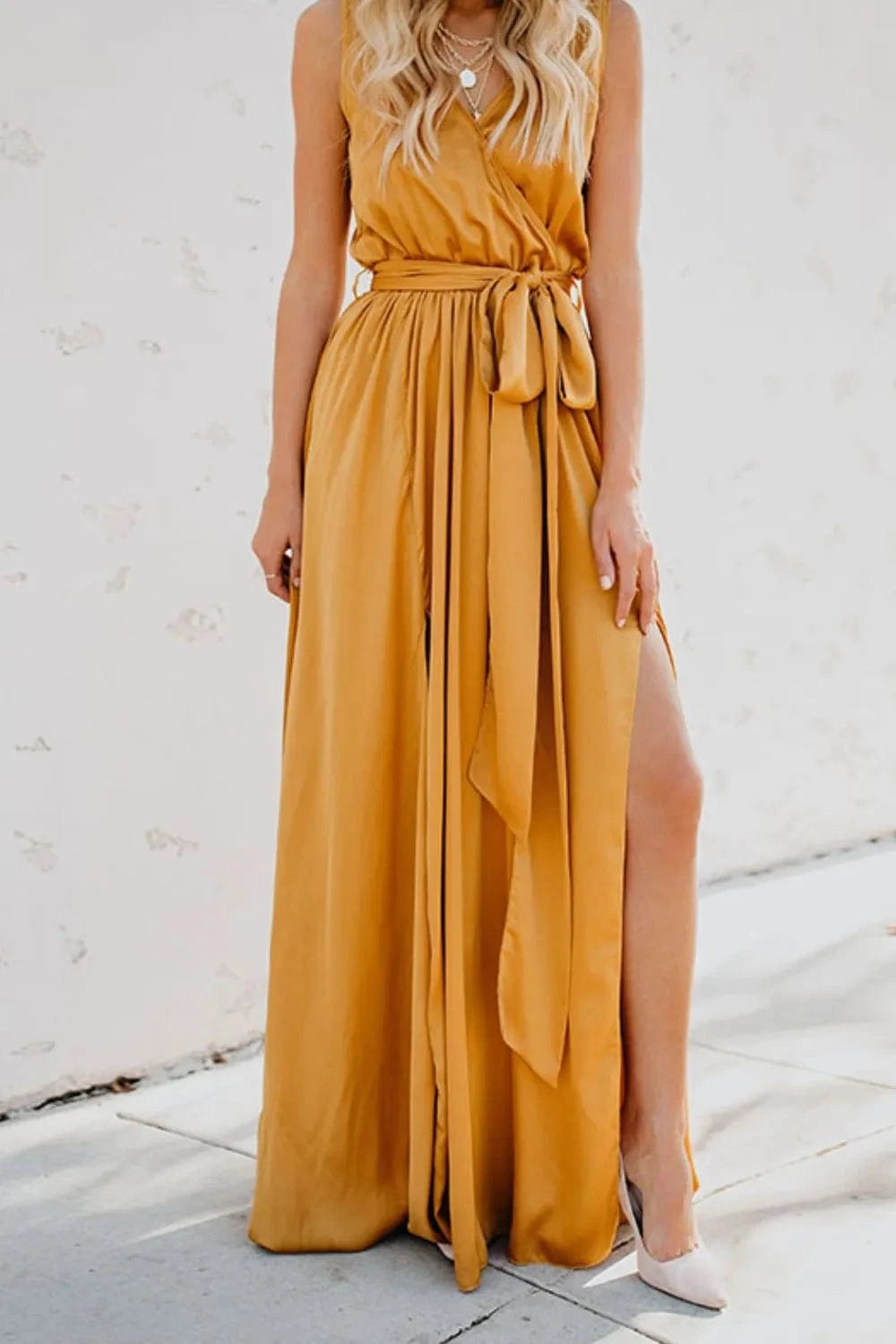 Surplice Tie Waist Maxi Dress - ShalayeFashion