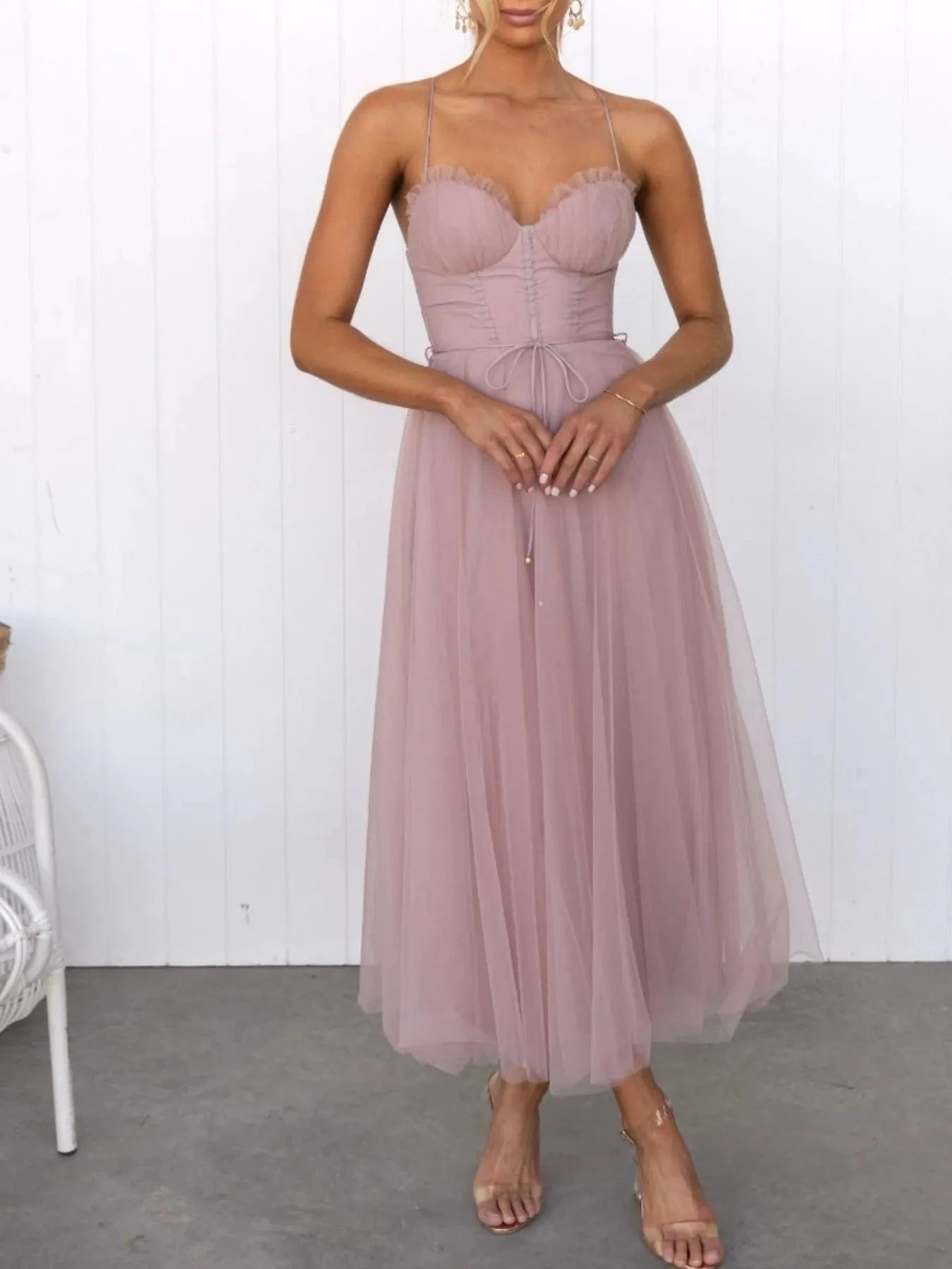 Sweetheart Neck Tulle Midi Dress - ShalayeFashion