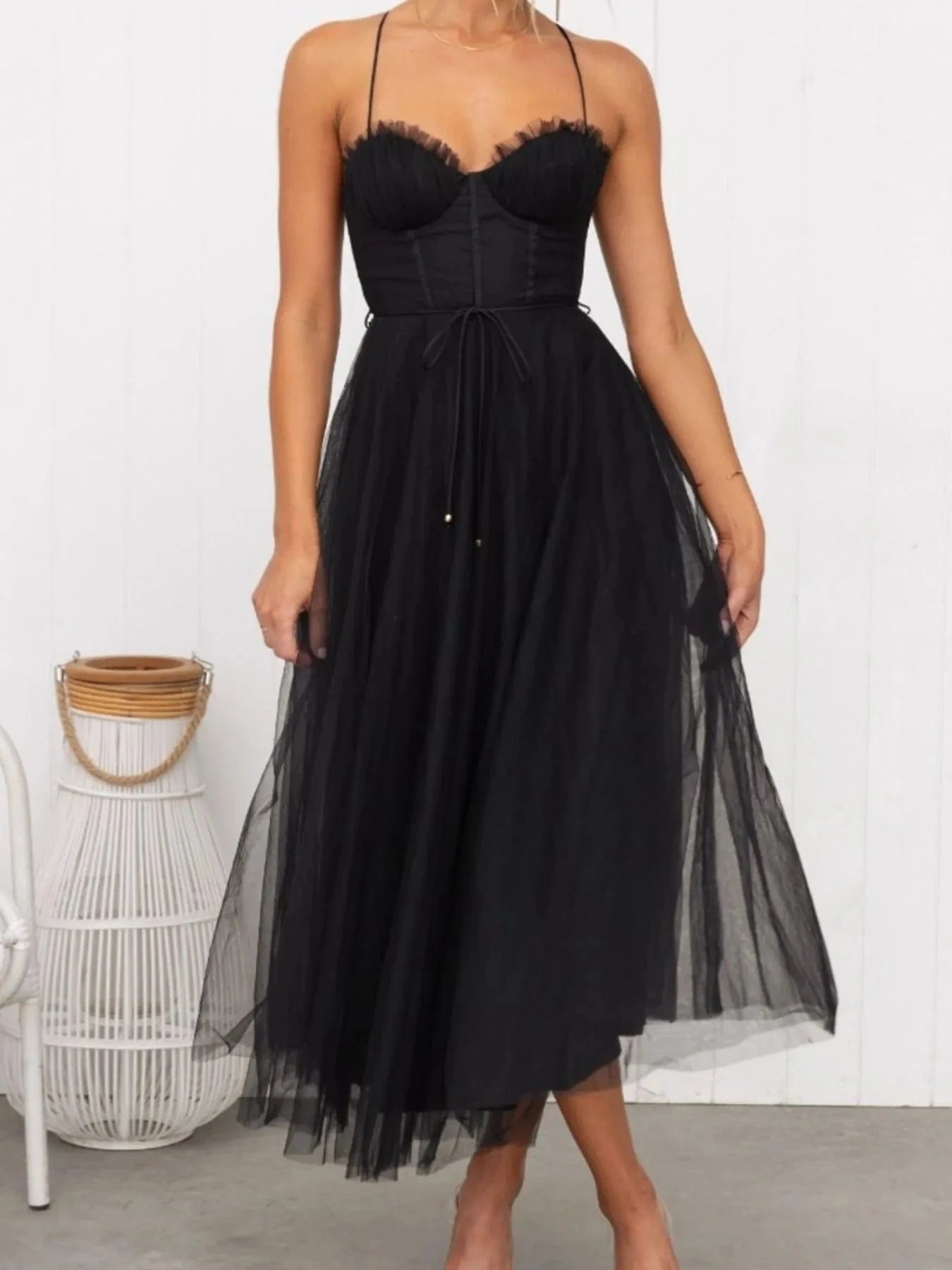 Sweetheart Neck Tulle Midi Dress - ShalayeFashion