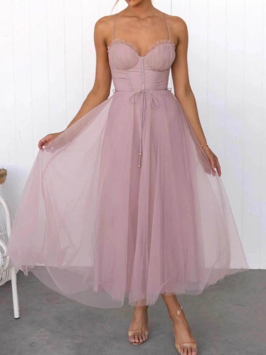 Sweetheart Neck Tulle Midi Dress - ShalayeFashion