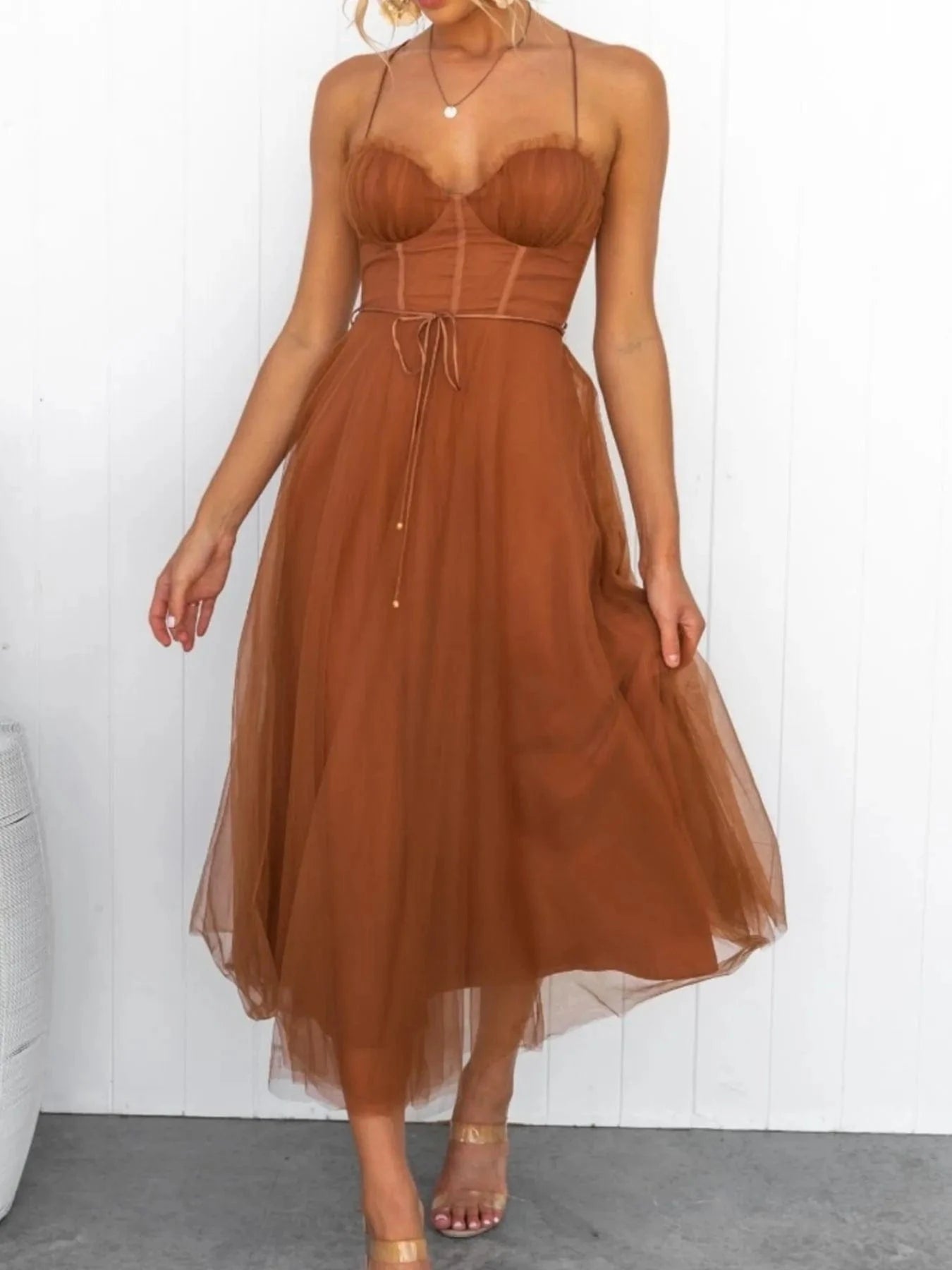 Sweetheart Neck Tulle Midi Dress - ShalayeFashion