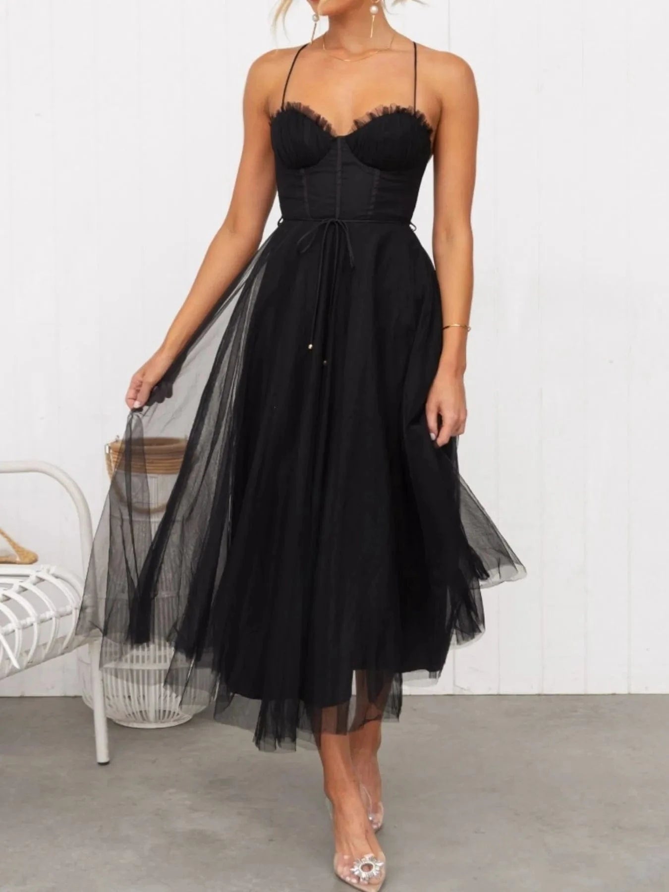 Sweetheart Neck Tulle Midi Dress - ShalayeFashion