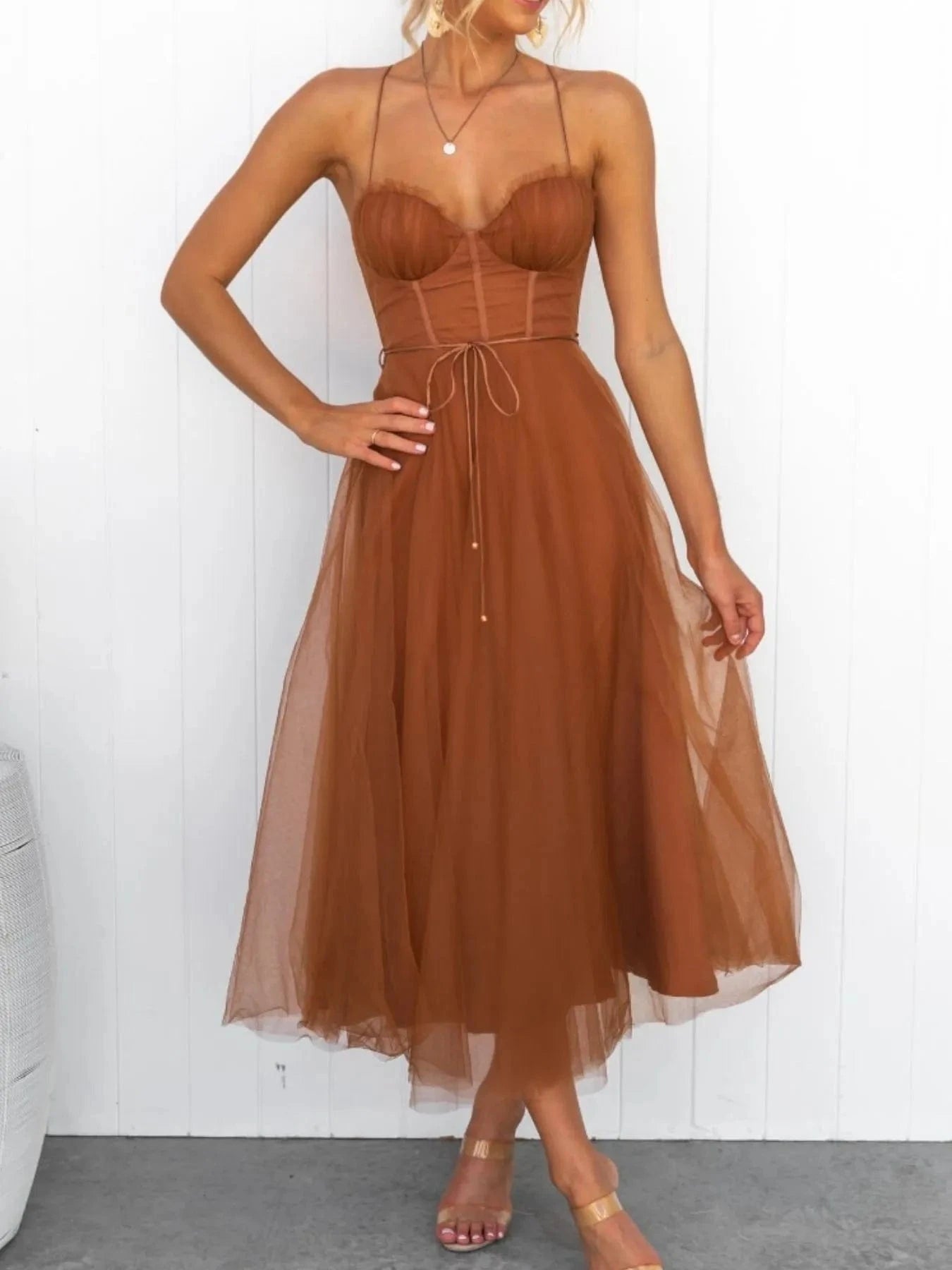 Sweetheart Neck Tulle Midi Dress - ShalayeFashion