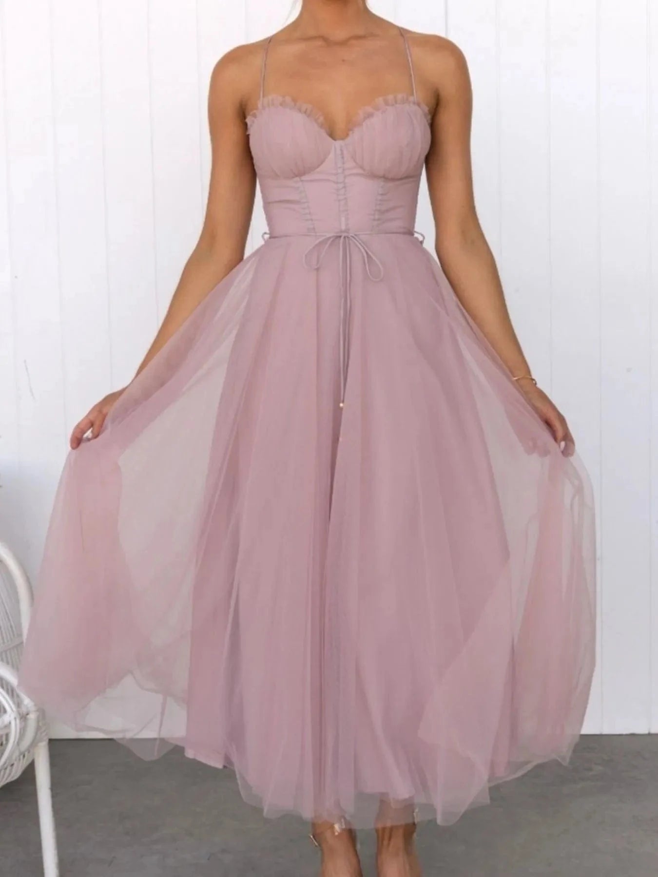 Sweetheart Neck Tulle Midi Dress - ShalayeFashion