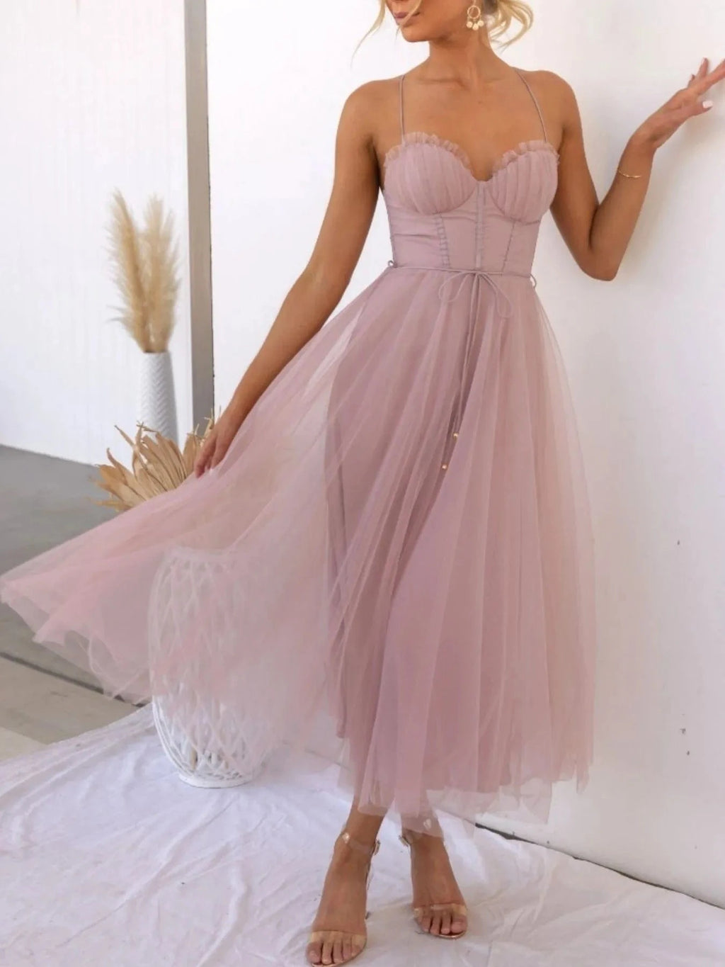 Sweetheart Neck Tulle Midi Dress - ShalayeFashion
