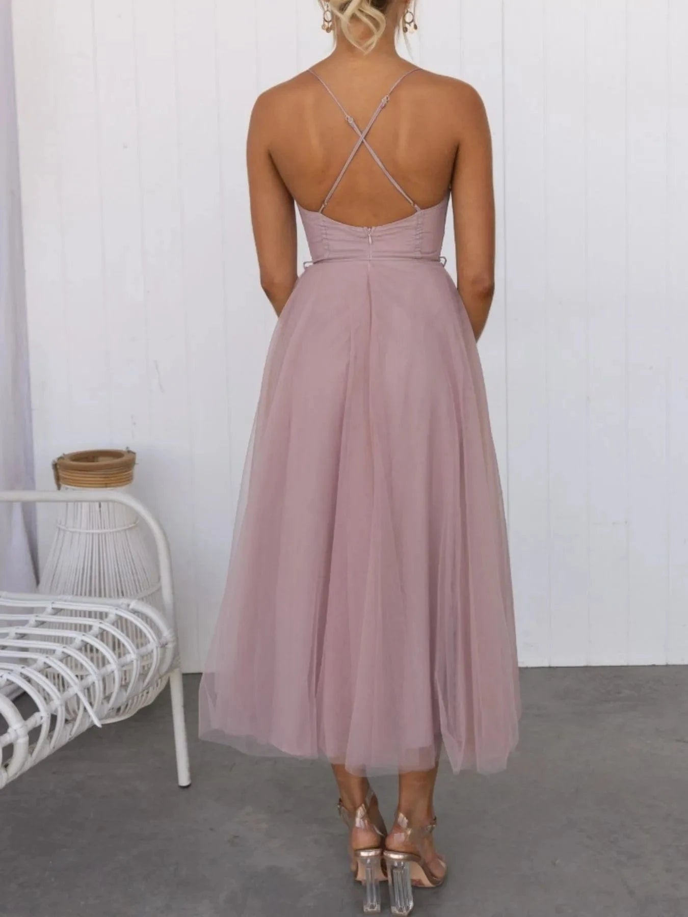 Sweetheart Neck Tulle Midi Dress - ShalayeFashion