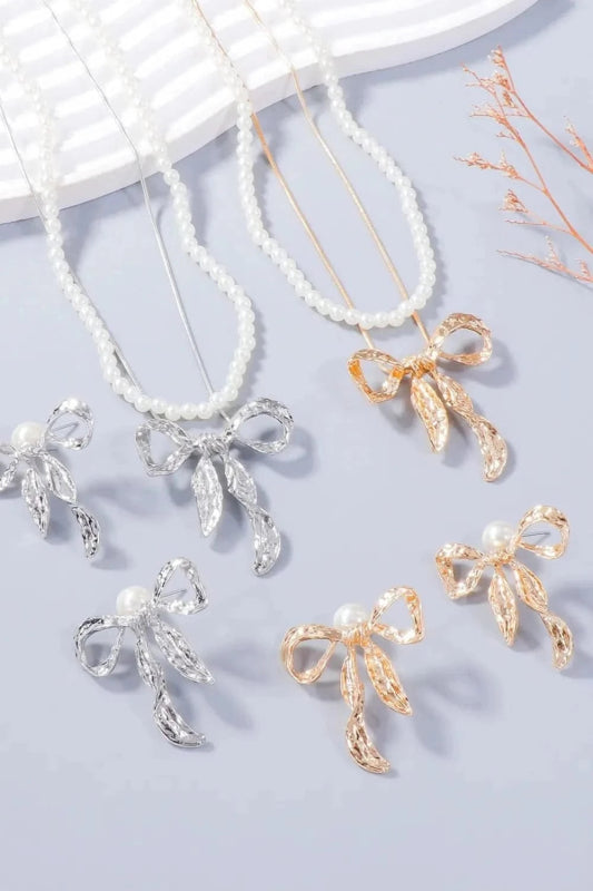 Synthetic Pearl Necklace, Bow Necklace and Bow Earrings Jewelry Set - ShalayeFashion