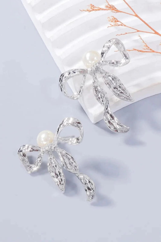 Synthetic Pearl Necklace, Bow Necklace and Bow Earrings Jewelry Set - ShalayeFashion
