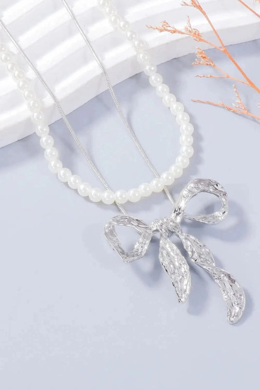 Synthetic Pearl Necklace, Bow Necklace and Bow Earrings Jewelry Set - ShalayeFashion