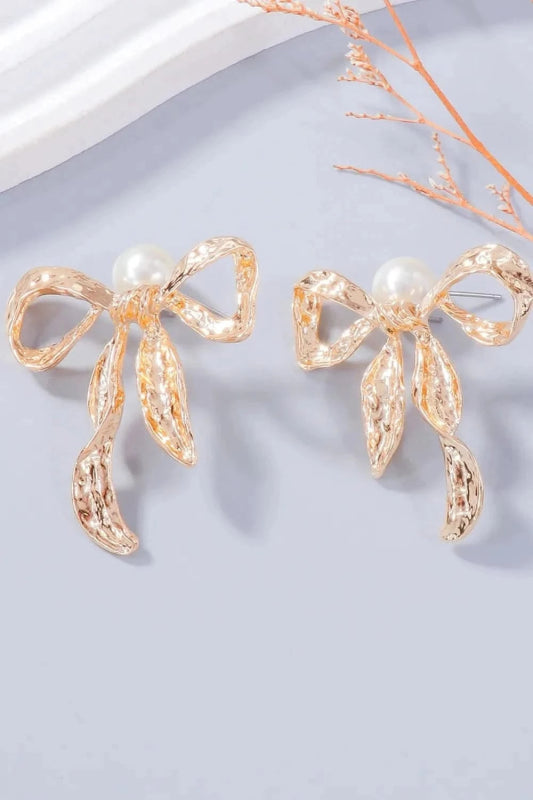 Synthetic Pearl Necklace, Bow Necklace and Bow Earrings Jewelry Set - ShalayeFashion