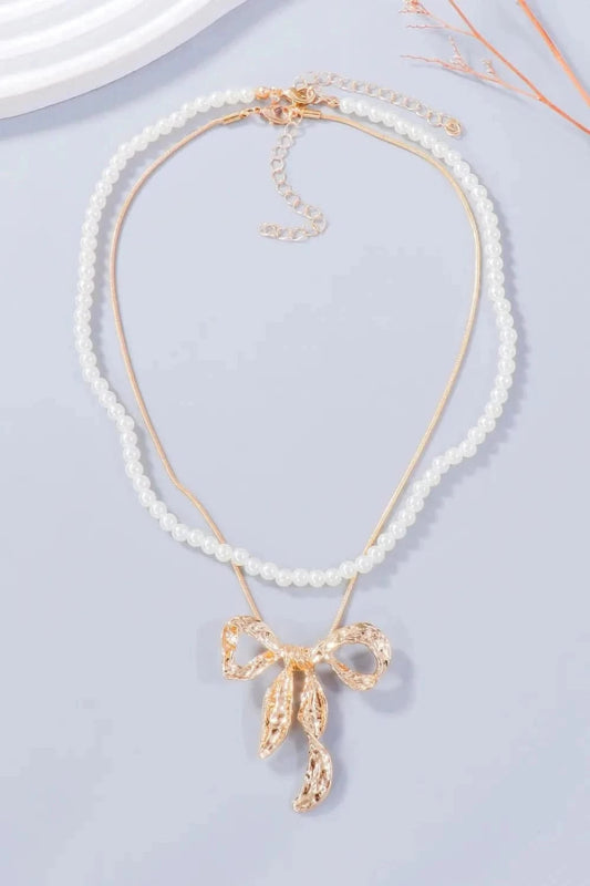 Synthetic Pearl Necklace, Bow Necklace and Bow Earrings Jewelry Set - ShalayeFashion
