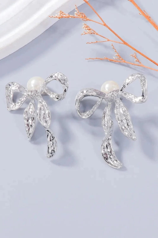 Synthetic Pearl Necklace, Bow Necklace and Bow Earrings Jewelry Set - ShalayeFashion
