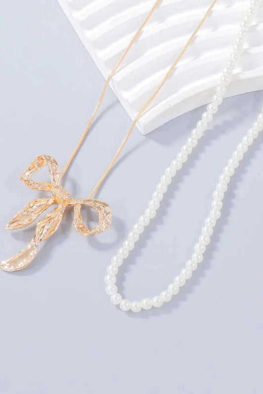 Synthetic Pearl Necklace, Bow Necklace and Bow Earrings Jewelry Set - ShalayeFashion
