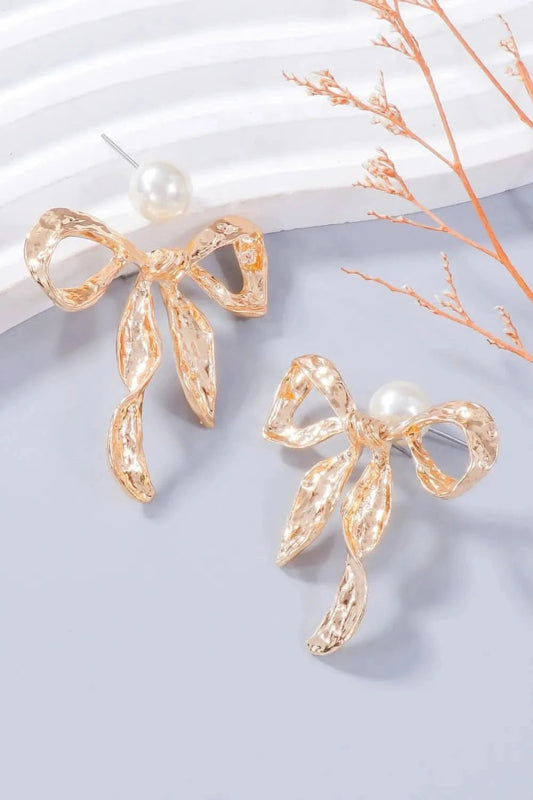 Synthetic Pearl Necklace, Bow Necklace and Bow Earrings Jewelry Set - ShalayeFashion