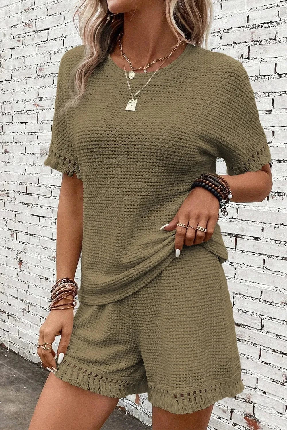 Tassel Round Neck Top and Shorts Set - ShalayeFashion