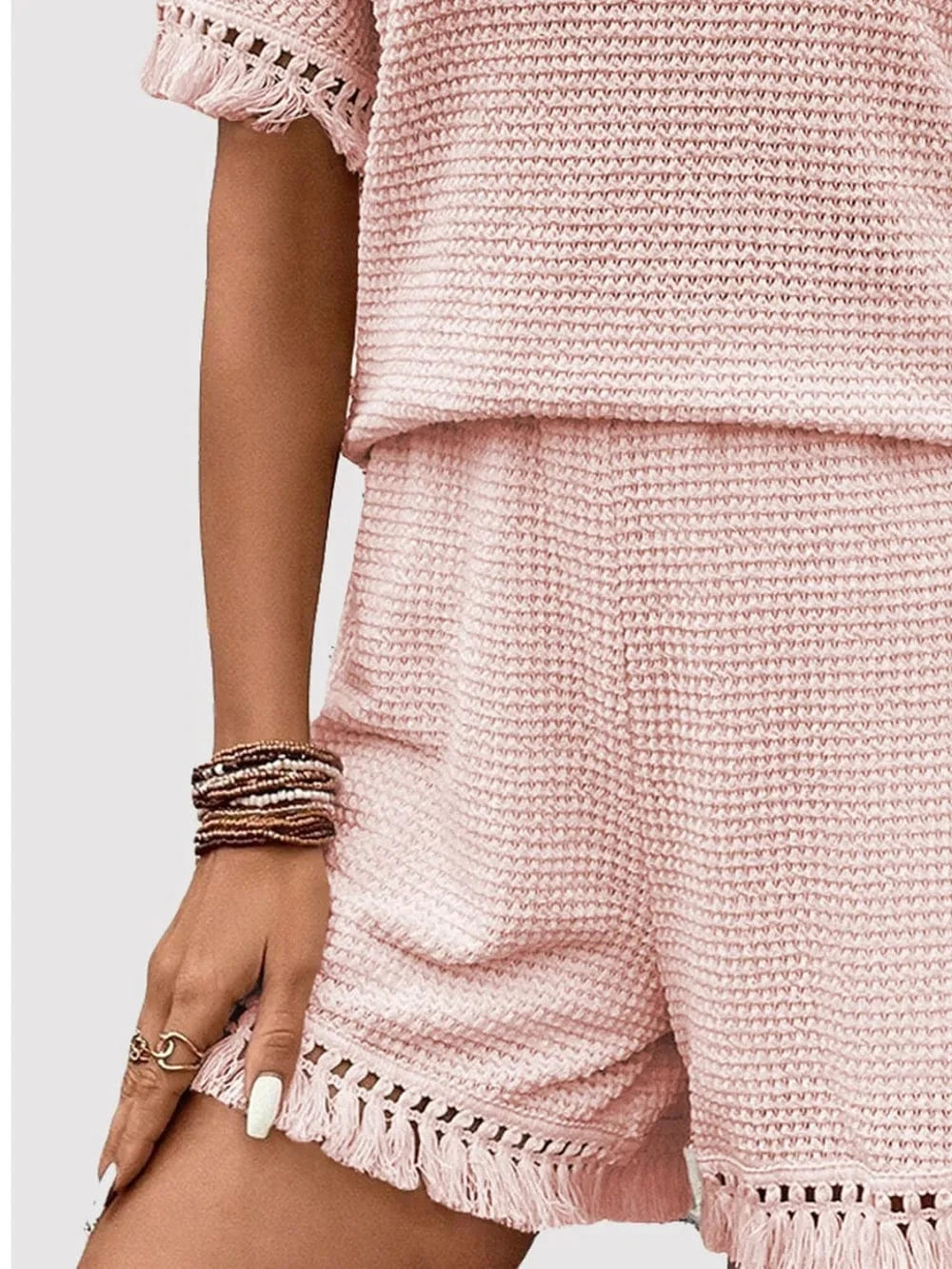 Tassel Round Neck Top and Shorts Set - ShalayeFashion