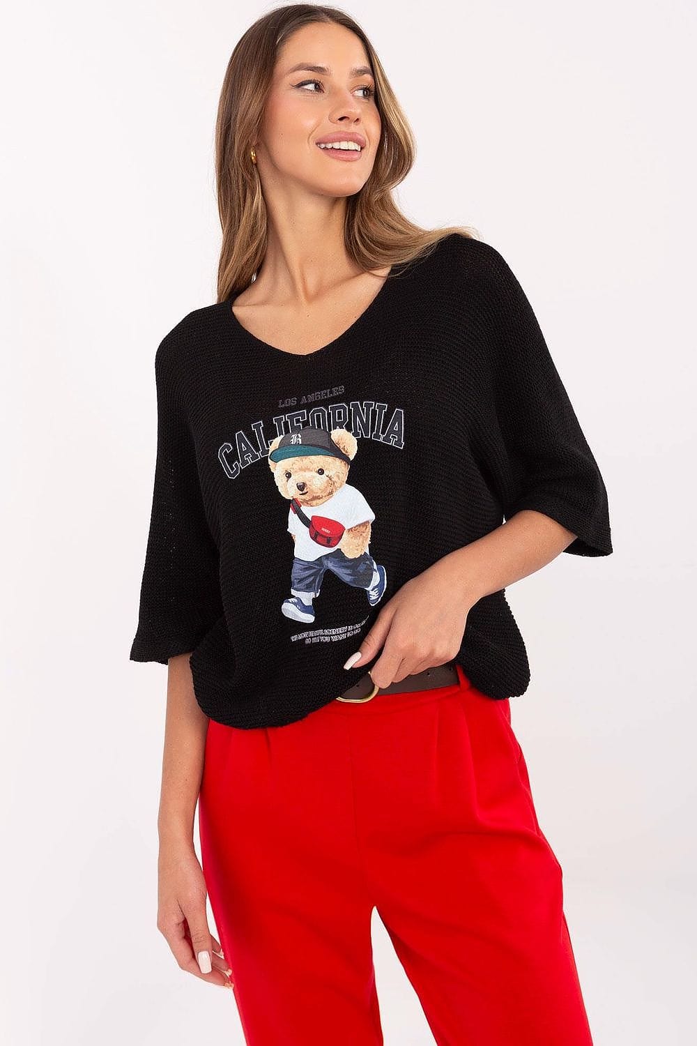 Teddy Bear Print Sweater V - Neck Cotton - ShalayeFashion