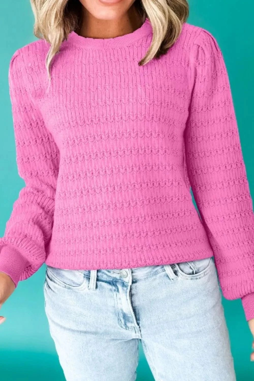 Texture Round Neck Long Sleeve Sweater - ShalayeFashion
