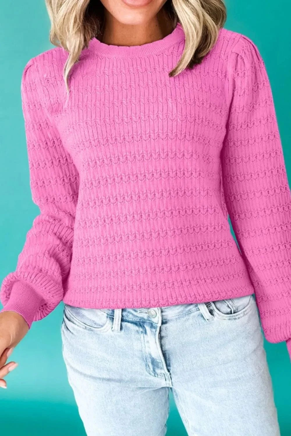Texture Round Neck Long Sleeve Sweater - ShalayeFashion