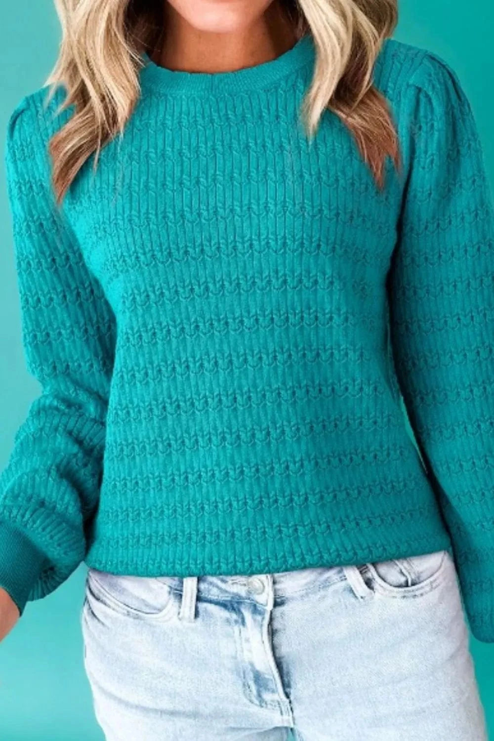 Texture Round Neck Long Sleeve Sweater - ShalayeFashion
