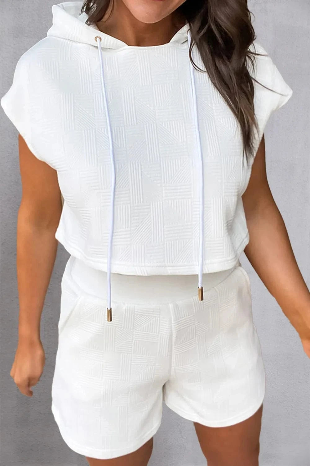 Textured Drawstring Hoodie and Shorts Set - ShalayeFashion