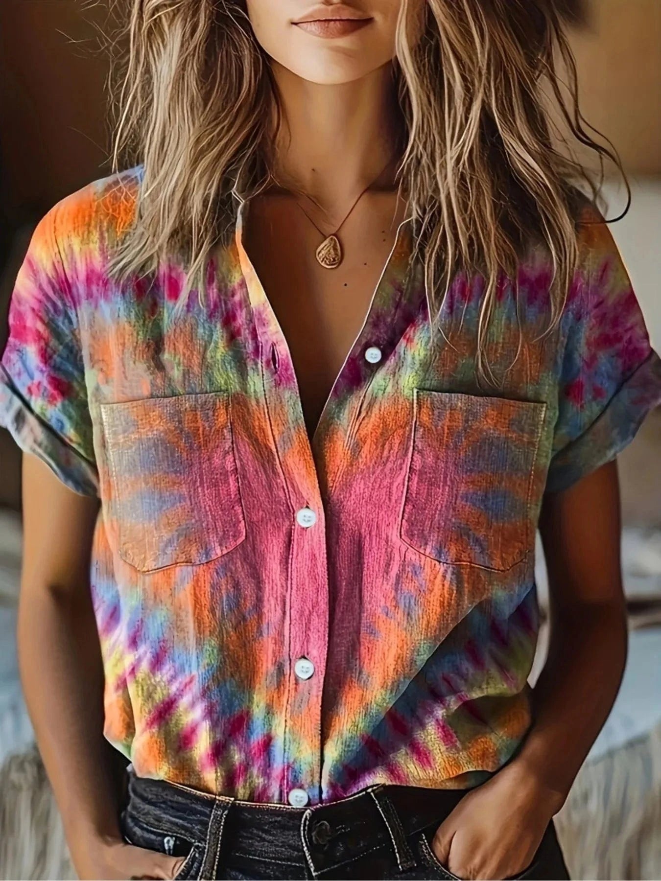 Tie - Dye Short Sleeve Button - Up Shirt - ShalayeFashion
