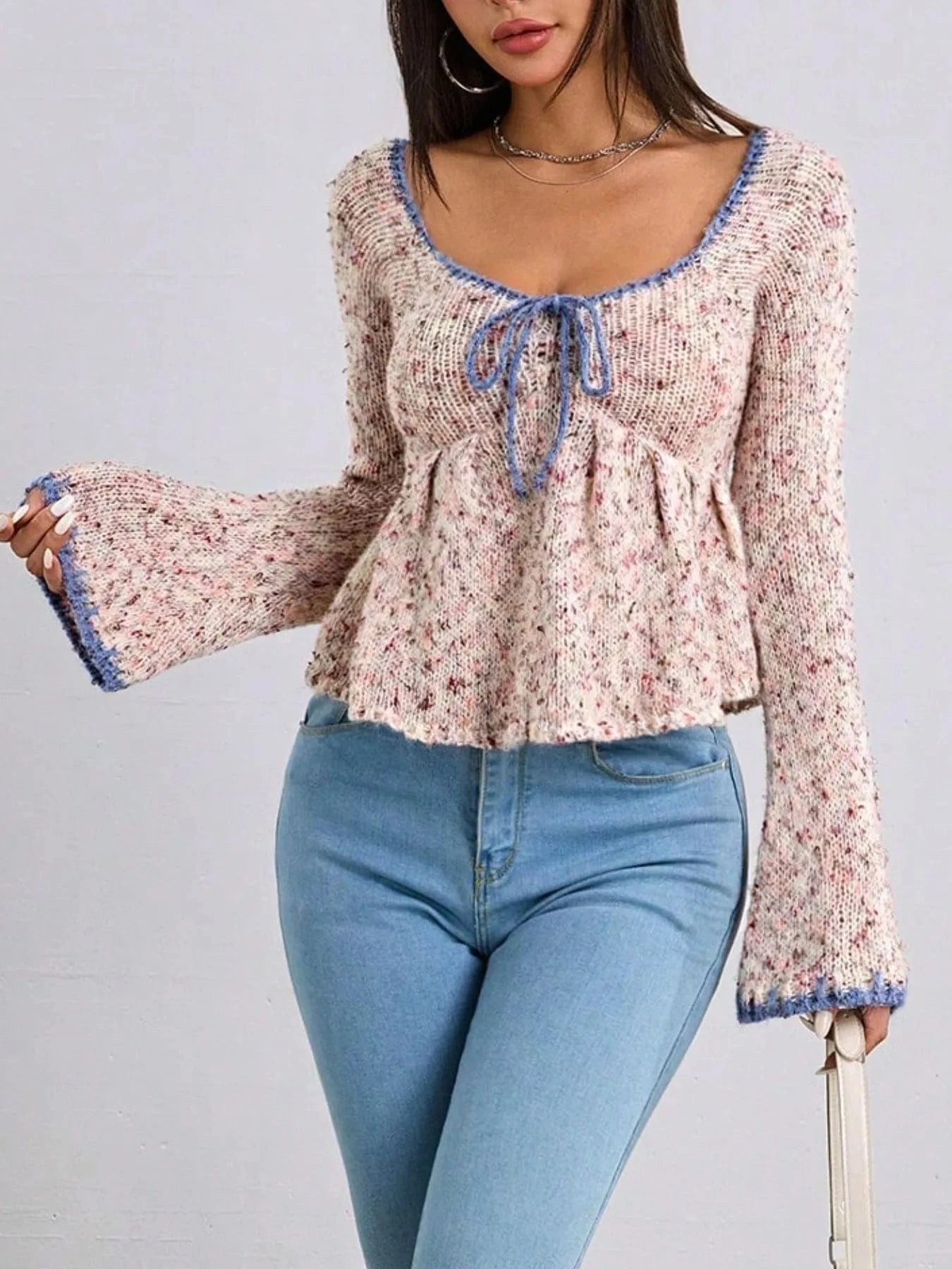 Tie Front Flare Sleeve Sweater - ShalayeFashion