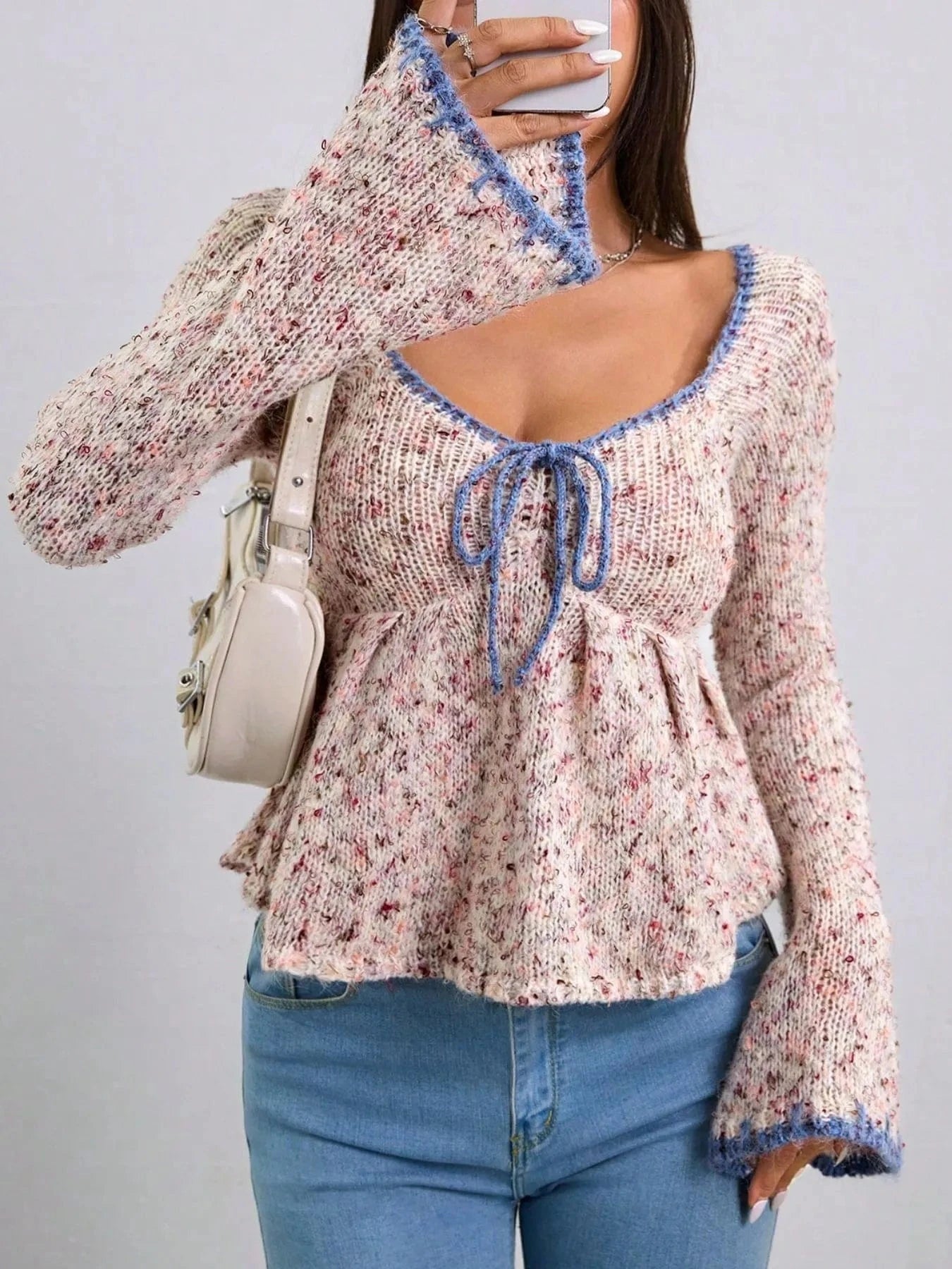Tie Front Flare Sleeve Sweater - ShalayeFashion