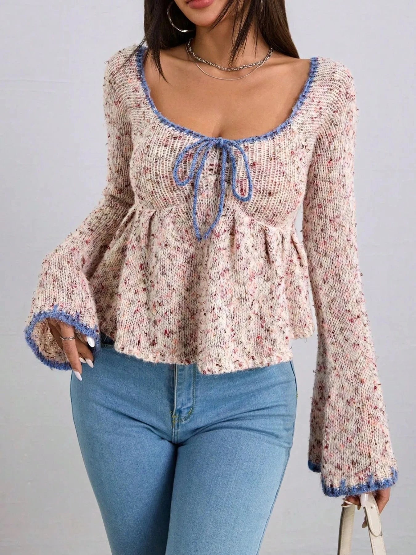 Tie Front Flare Sleeve Sweater - ShalayeFashion