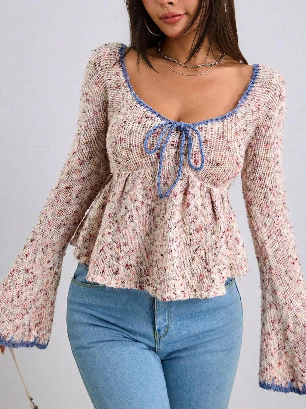 Tie Front Flare Sleeve Sweater - ShalayeFashion