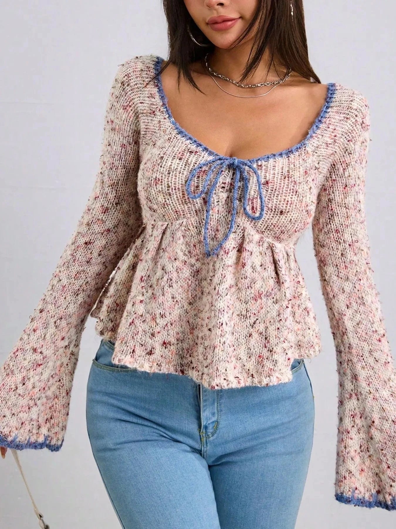 Tie Front Flare Sleeve Sweater - ShalayeFashion