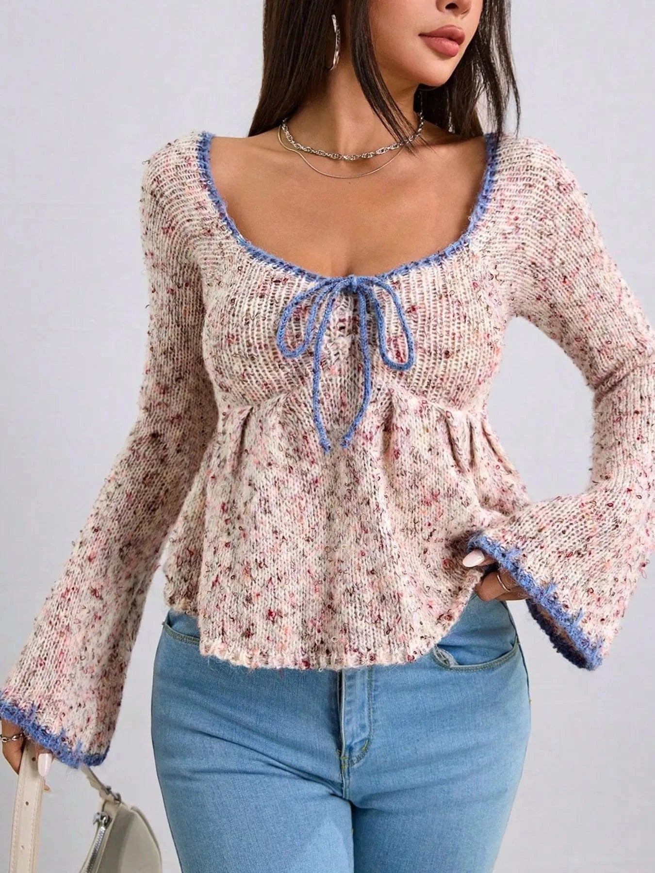 Tie Front Flare Sleeve Sweater - ShalayeFashion