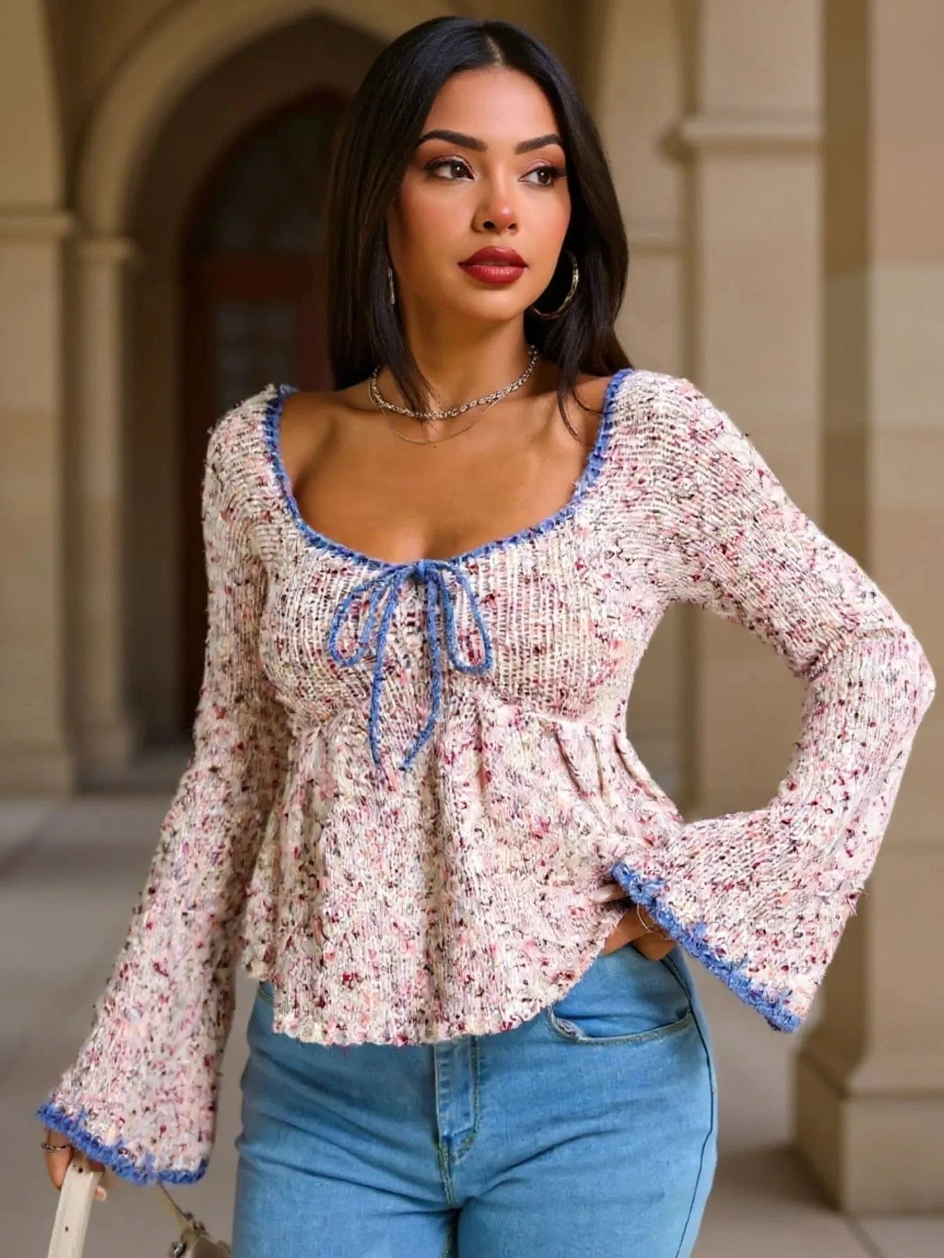 Tie Front Flare Sleeve Sweater - ShalayeFashion