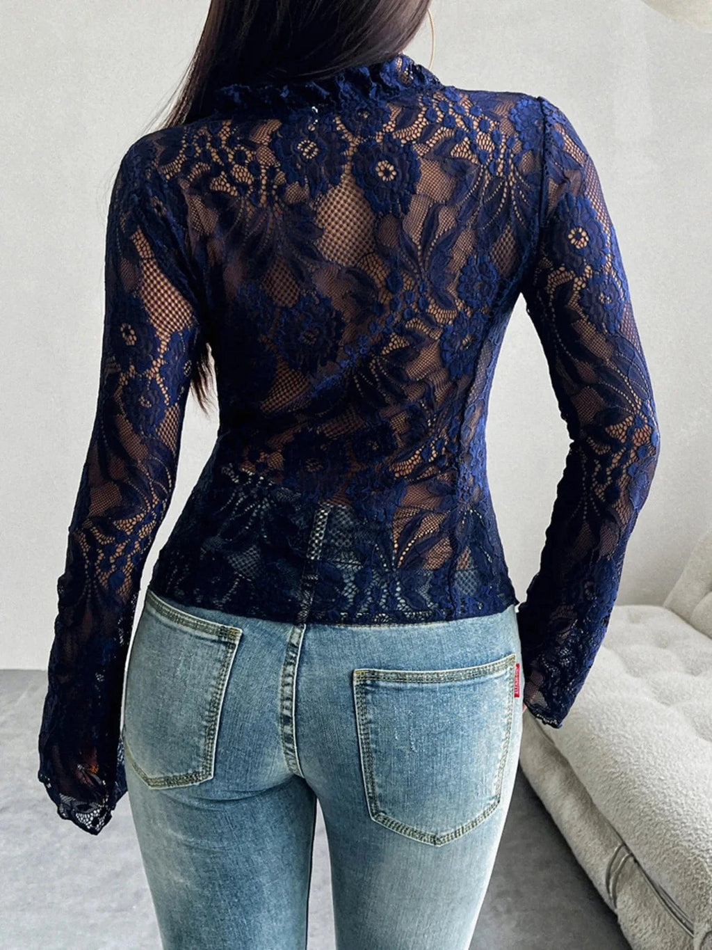 Tie Front Long Sleeve Lace Top - ShalayeFashion