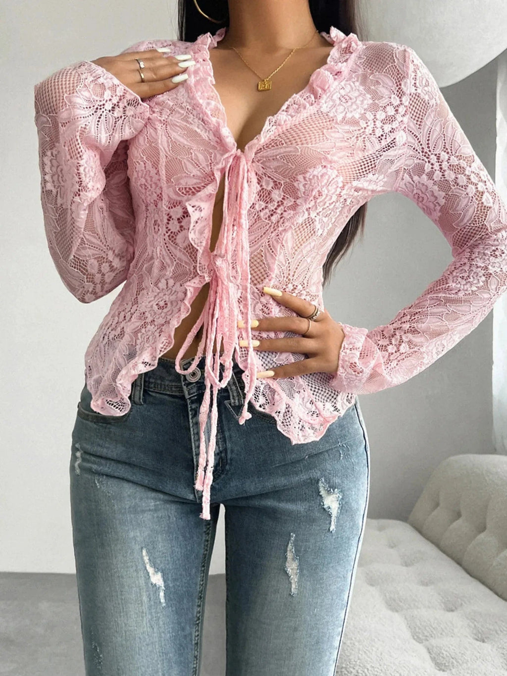Tie Front Long Sleeve Lace Top - ShalayeFashion