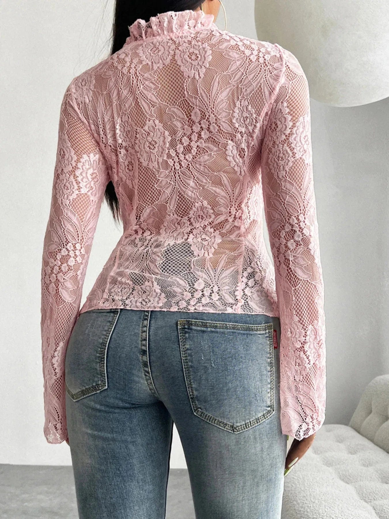 Tie Front Long Sleeve Lace Top - ShalayeFashion