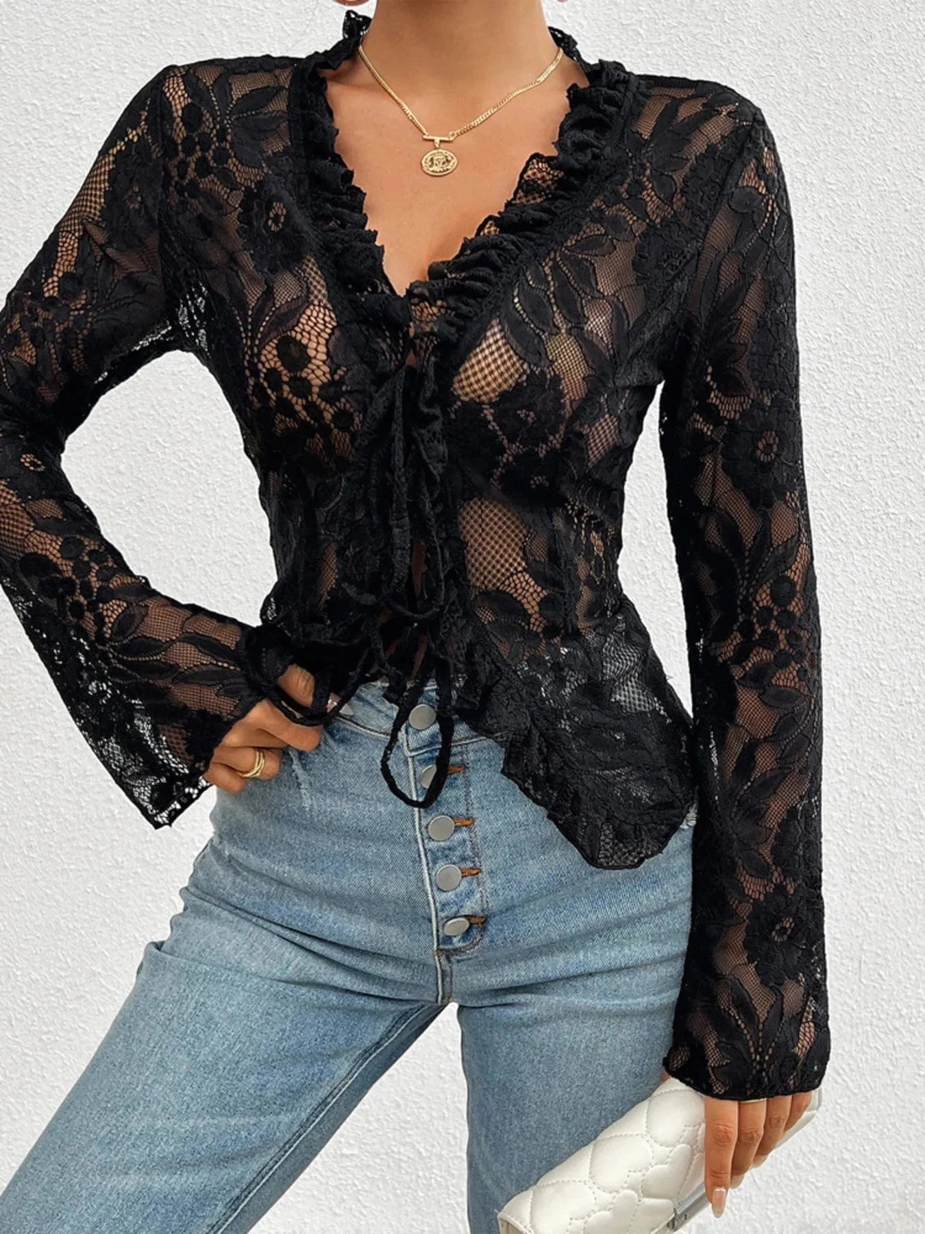 Tie Front Long Sleeve Lace Top - ShalayeFashion