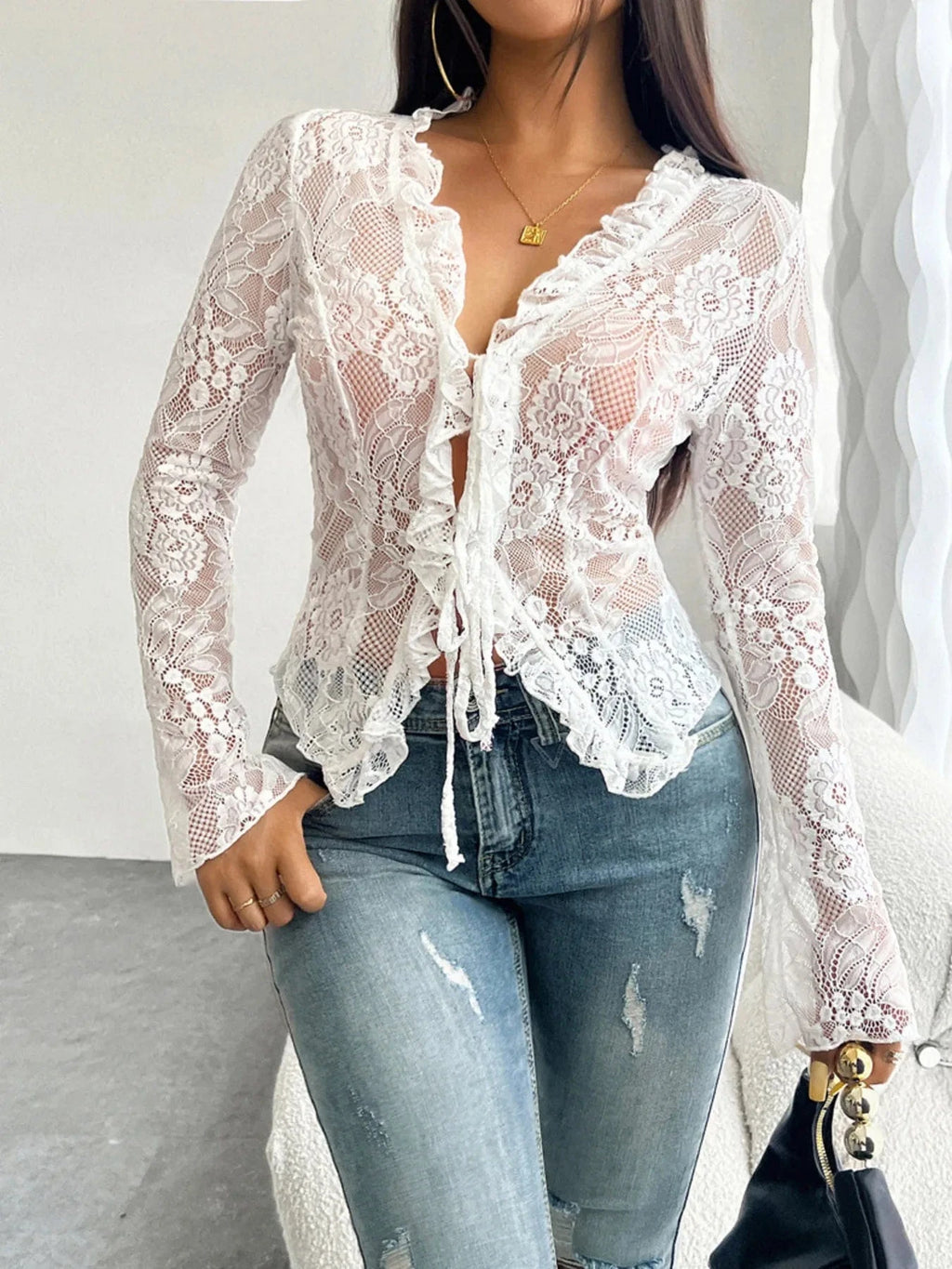 Tie Front Long Sleeve Lace Top - ShalayeFashion