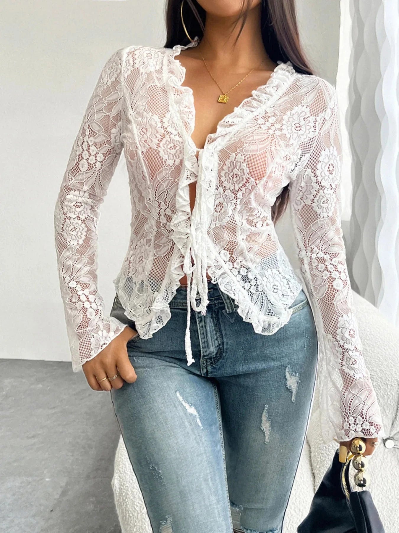 Tie Front Long Sleeve Lace Top - ShalayeFashion