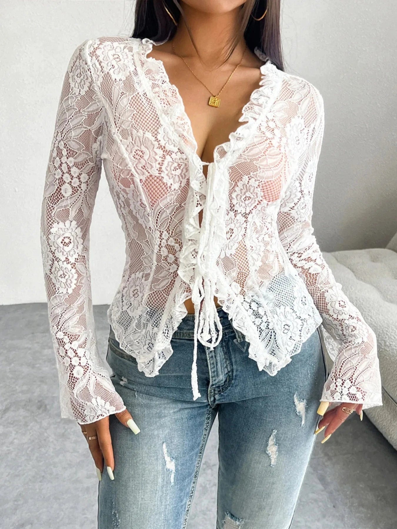 Tie Front Long Sleeve Lace Top - ShalayeFashion