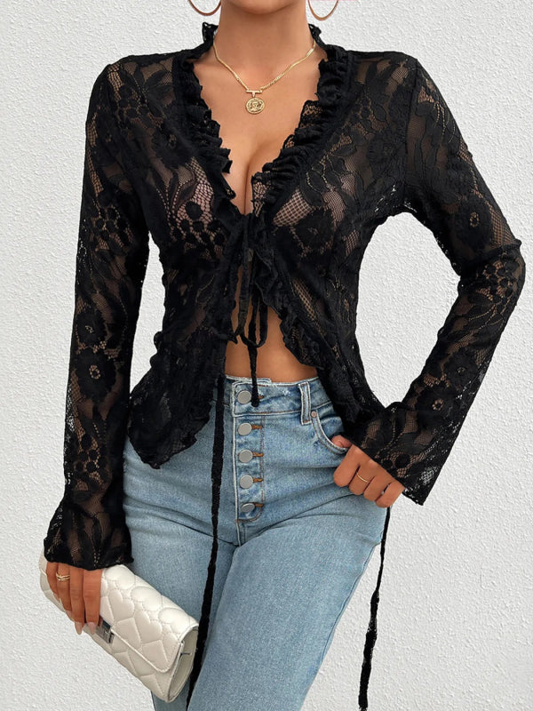 Tie Front Long Sleeve Lace Top - ShalayeFashion
