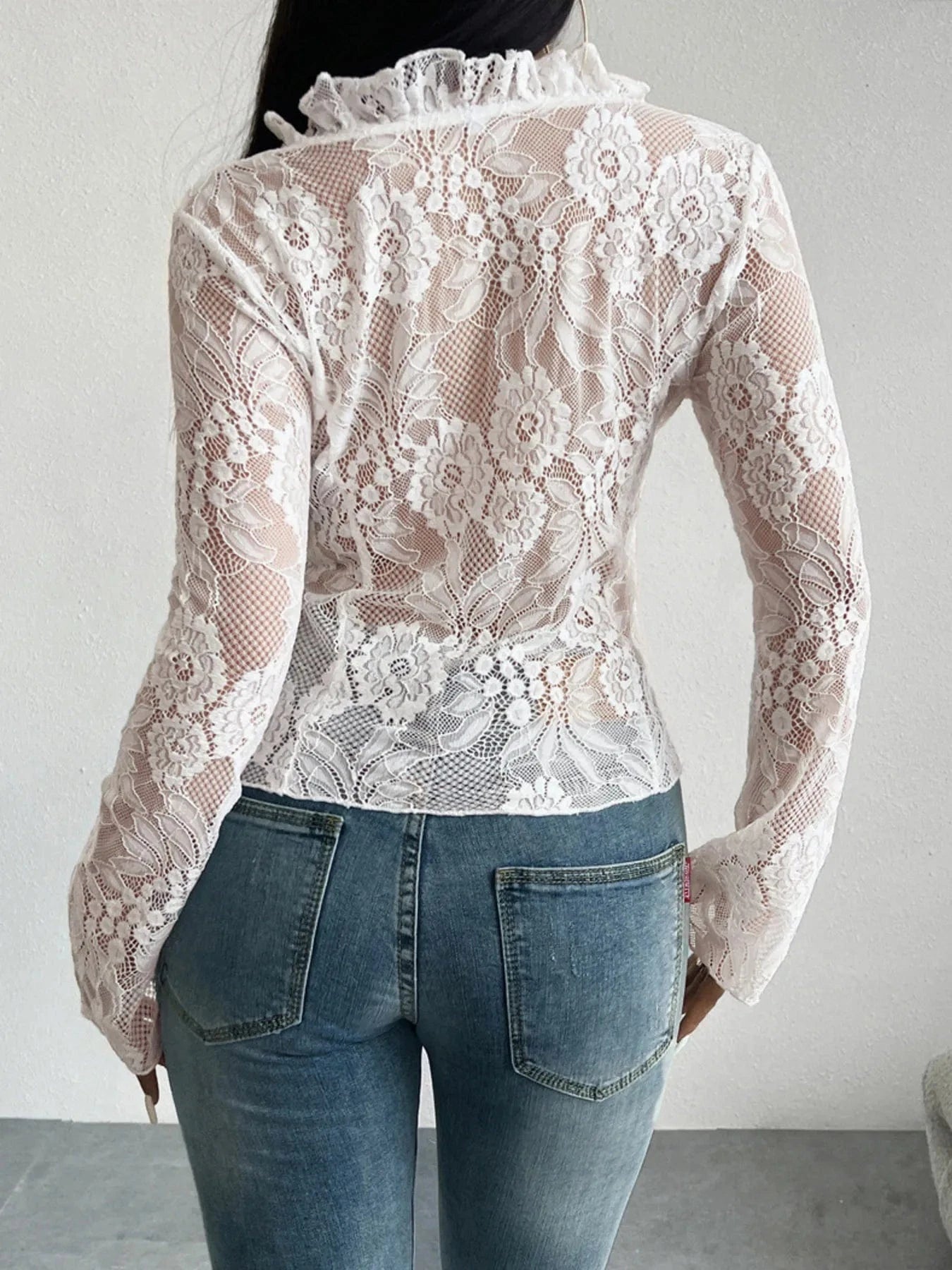 Tie Front Long Sleeve Lace Top - ShalayeFashion