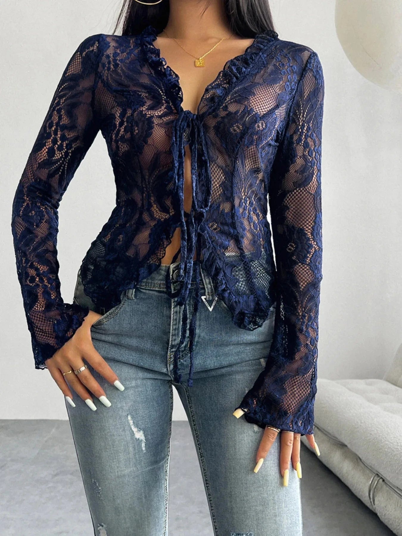 Tie Front Long Sleeve Lace Top - ShalayeFashion