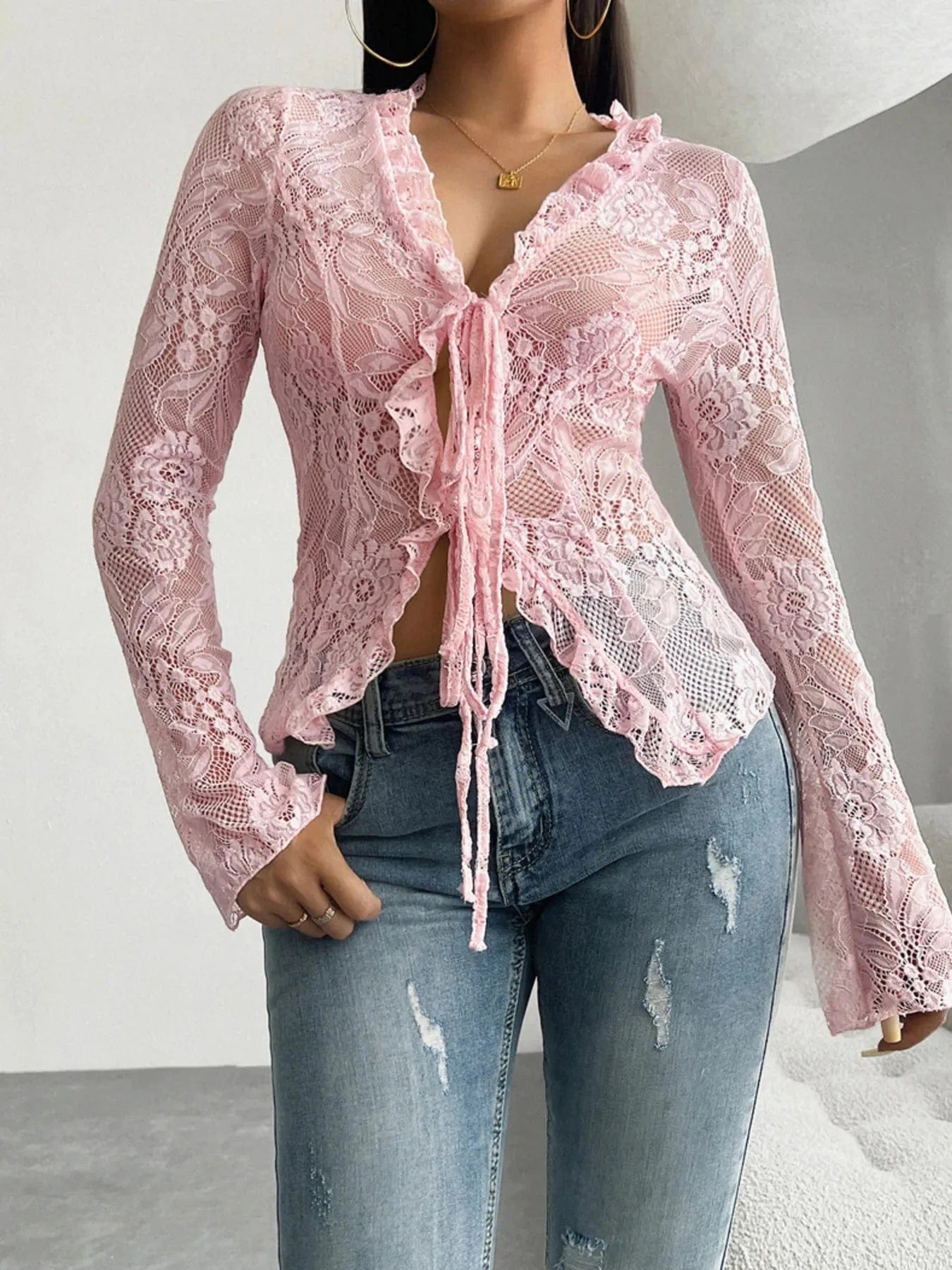 Tie Front Long Sleeve Lace Top - ShalayeFashion