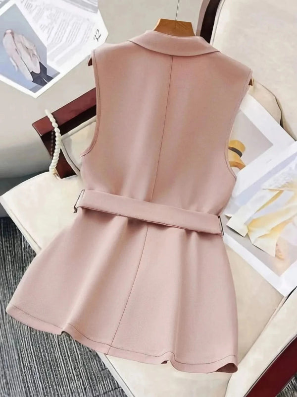 Tie Waist Lapel Collar Sleeveless Blazer - ShalayeFashion