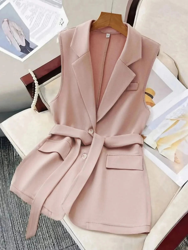 Tie Waist Lapel Collar Sleeveless Blazer - ShalayeFashion