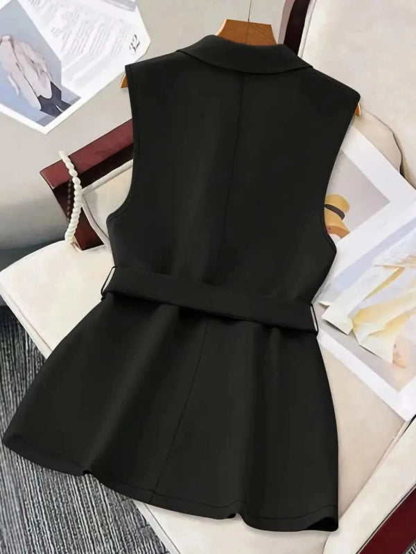 Tie Waist Lapel Collar Sleeveless Blazer - ShalayeFashion