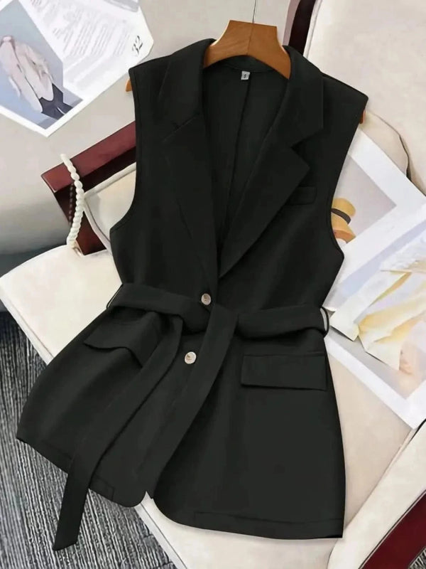 Tie Waist Lapel Collar Sleeveless Blazer - ShalayeFashion